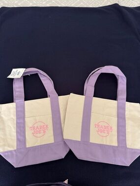 Trader Joe's Mini Cream and Lavender Canvas Tote Bag. Set of 2. NEW